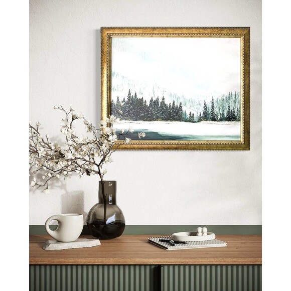 Framed Original Oil Painting Snow Lake Pines Winter Landscape Art 19x23" Signed - Picture 4 of 10